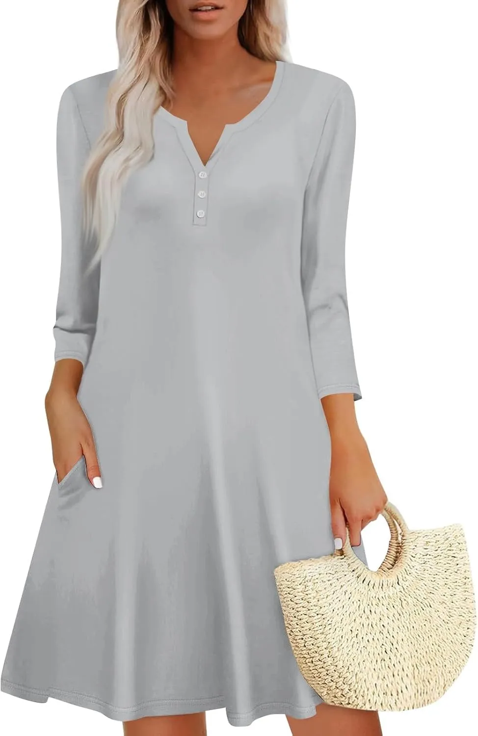 3/4 Sleeve Dress for Women Summer Fall Button Dwon V Neck Mini Dress Casual Loose A Line T Shirt Dresses with Pockets