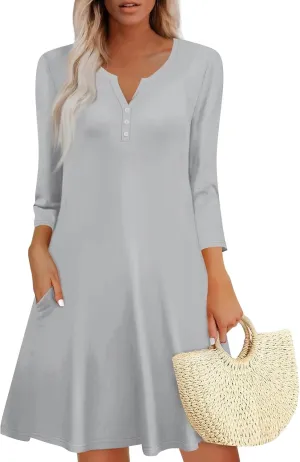 3/4 Sleeve Dress for Women Summer Fall Button Dwon V Neck Mini Dress Casual Loose A Line T Shirt Dresses with Pockets