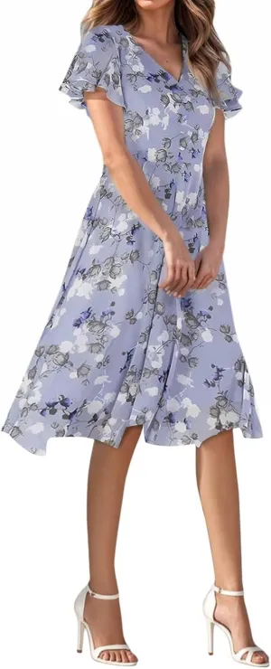 Boho Dresses for Women Summer Floral Beach Vacation Dress,Elegant V Neck Short Sleeve Flowy Ruched Hawaiian Dress