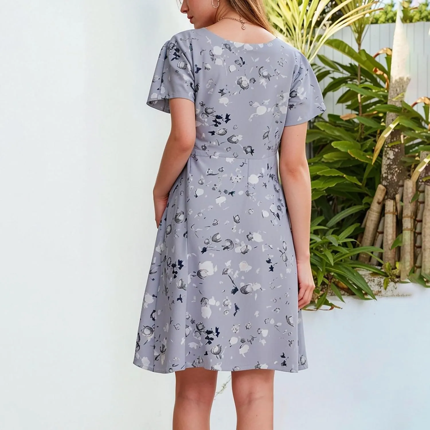 Boho Dresses for Women Summer Floral Beach Vacation Dress,Elegant V Neck Short Sleeve Flowy Ruched Hawaiian Dress