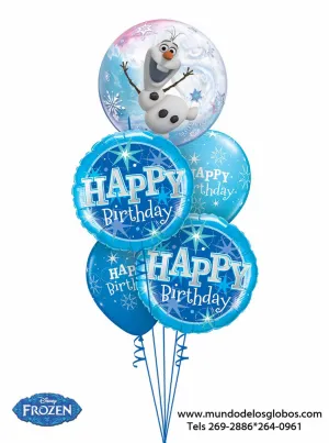 Bouquet Frozen con Burbuja de Olaf y Globos Happy Birthday Azules Variados, Reino del Hielo