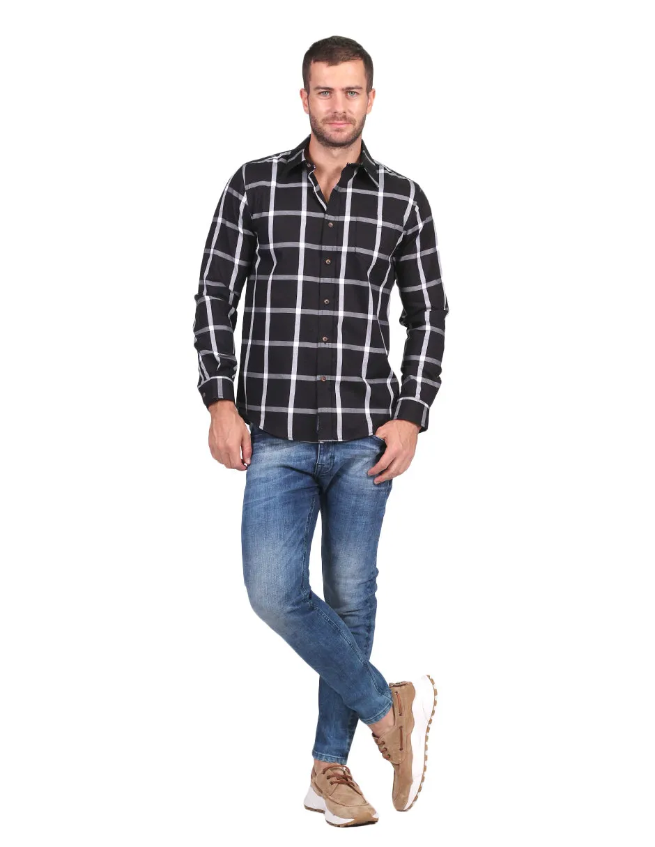Camisas Hombre Slim Fit Manga Larga Oxford Cuadros Negro B25118