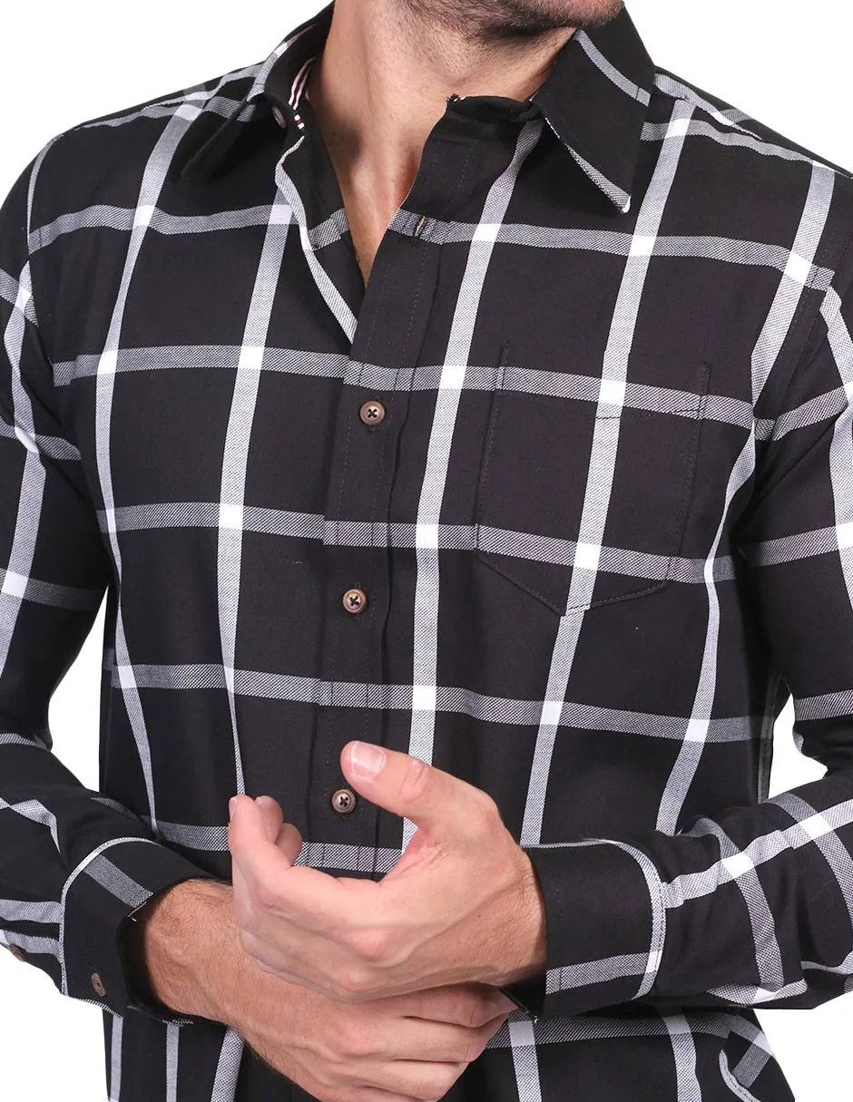 Camisas Hombre Slim Fit Manga Larga Oxford Cuadros Negro B25118