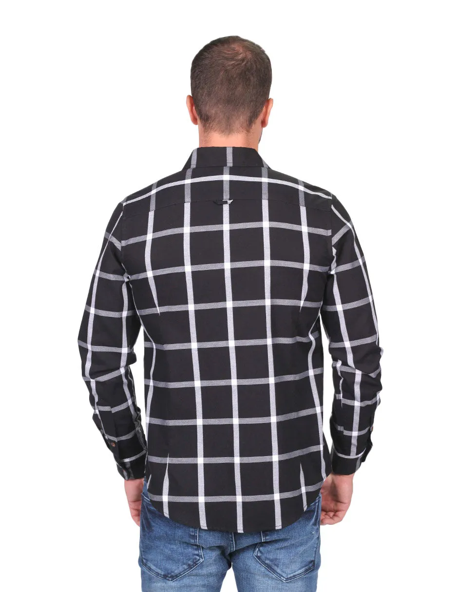 Camisas Hombre Slim Fit Manga Larga Oxford Cuadros Negro B25118
