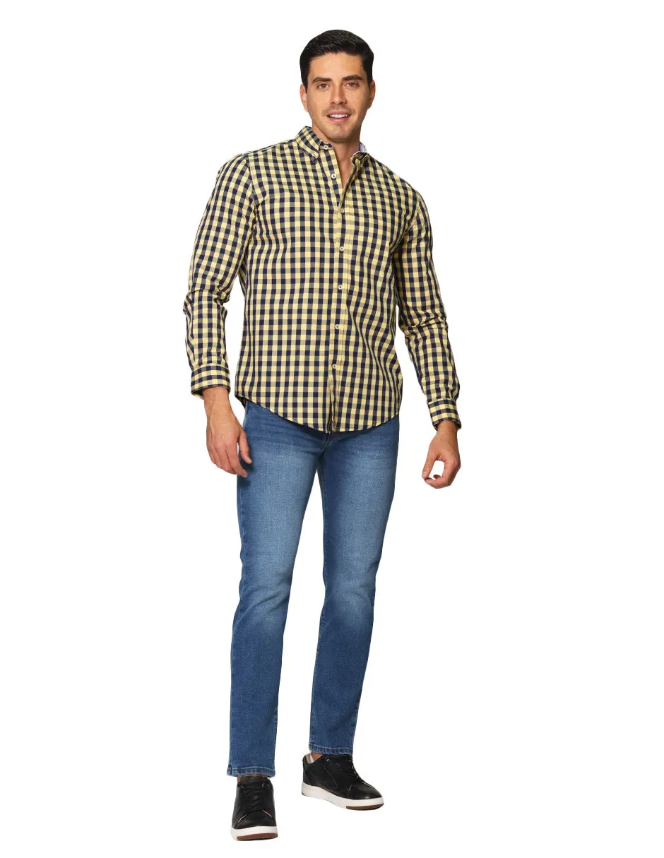 Camisas Para Hombre De Manga Larga Con Estampado De Cuadros Grandes Cuello Americano Regular Fit B41219 Amarillo