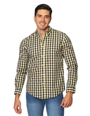 Camisas Para Hombre De Manga Larga Con Estampado De Cuadros Grandes Cuello Americano Regular Fit B41219 Amarillo