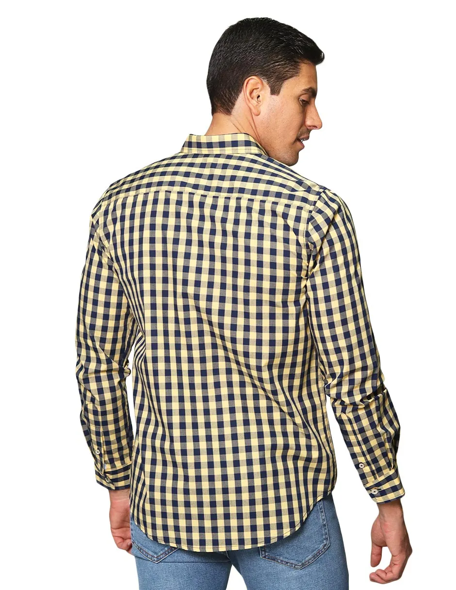 Camisas Para Hombre De Manga Larga Con Estampado De Cuadros Grandes Cuello Americano Regular Fit B41219 Amarillo