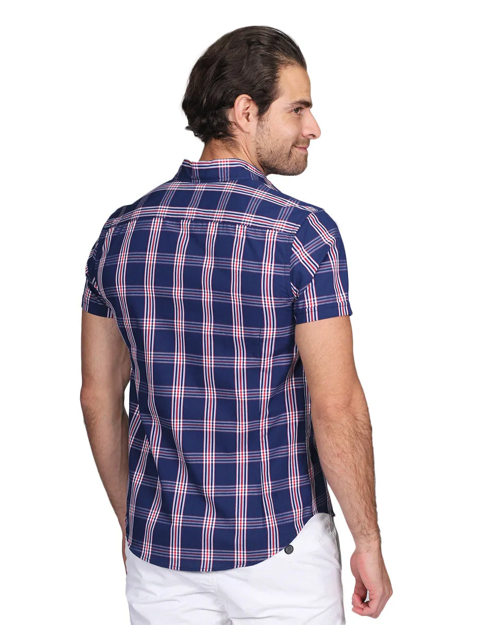 Camisas Para Hombre Manga Corta Cuadros Slim Fit Marino B21152