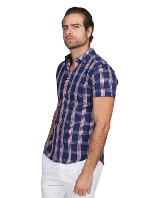 Camisas Para Hombre Manga Corta Cuadros Slim Fit Marino B21152