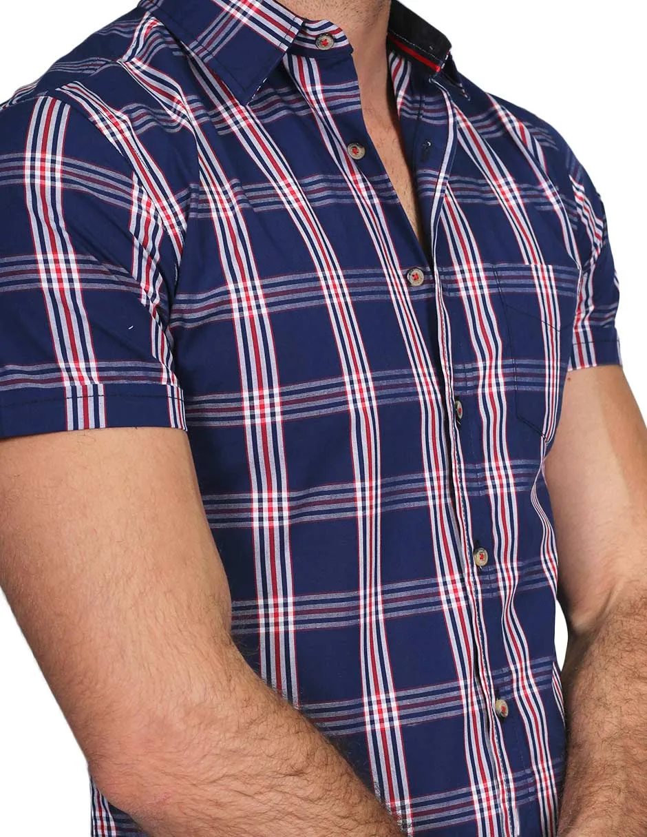 Camisas Para Hombre Manga Corta Cuadros Slim Fit Marino B21152