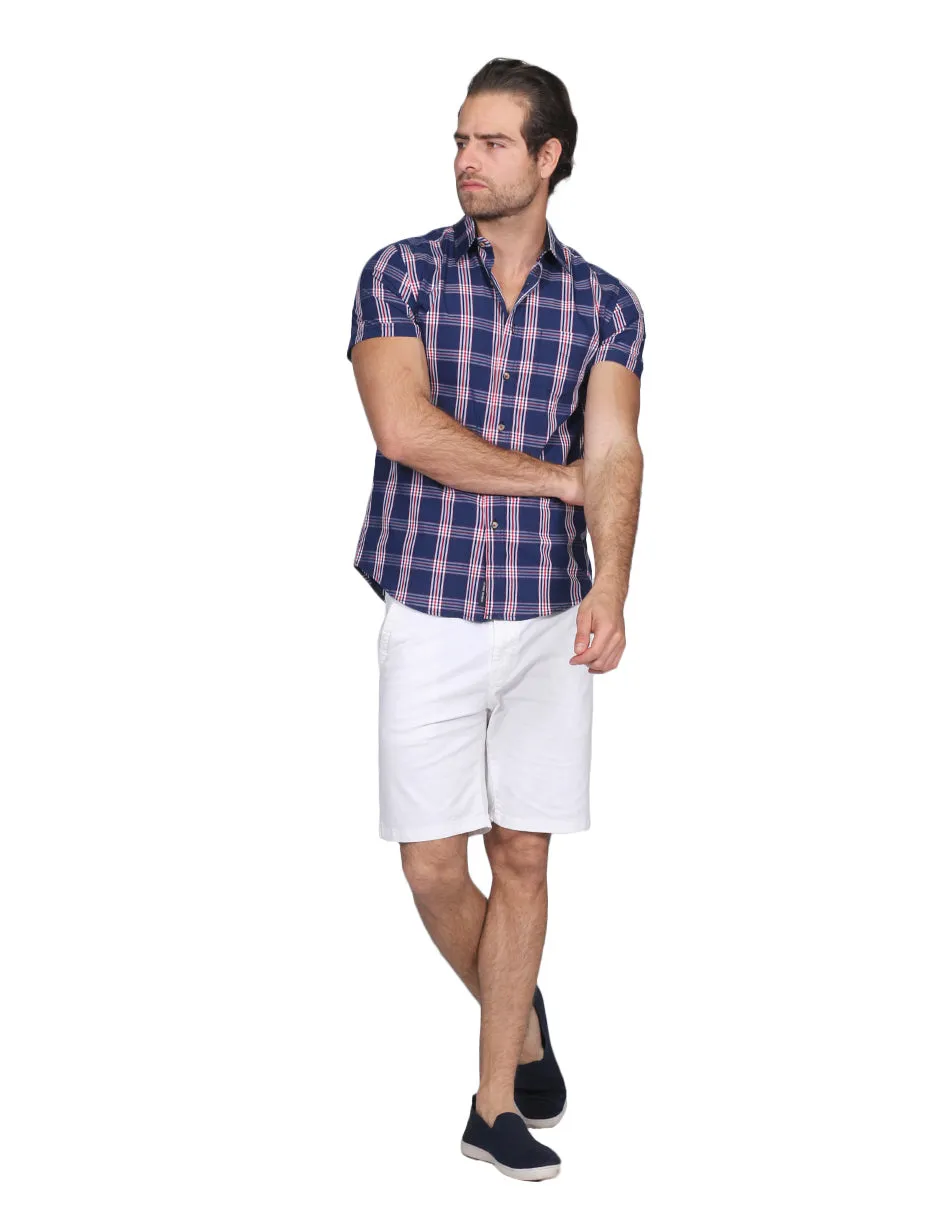 Camisas Para Hombre Manga Corta Cuadros Slim Fit Marino B21152
