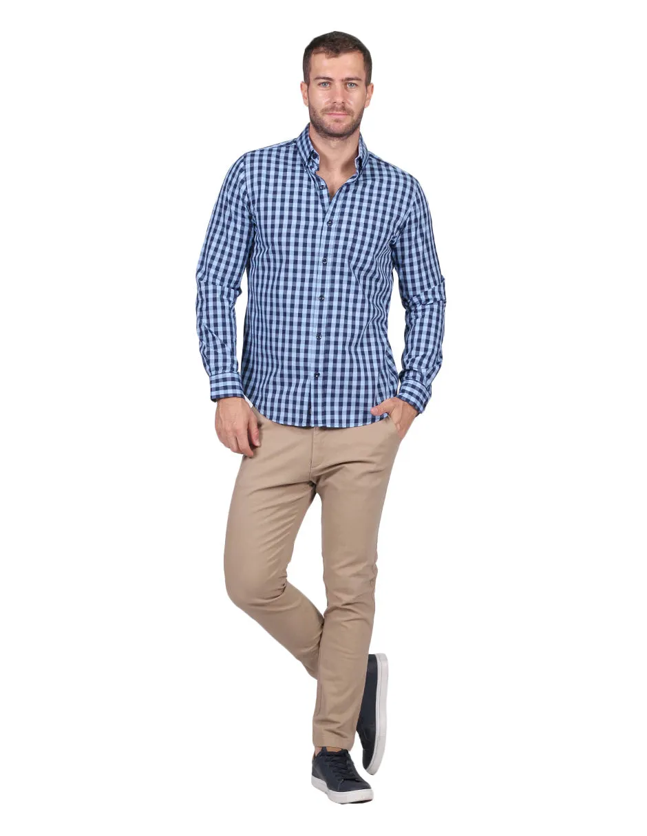 Camisas Para Hombre Manga Larga Cuadros Regular Fit Azul B25205
