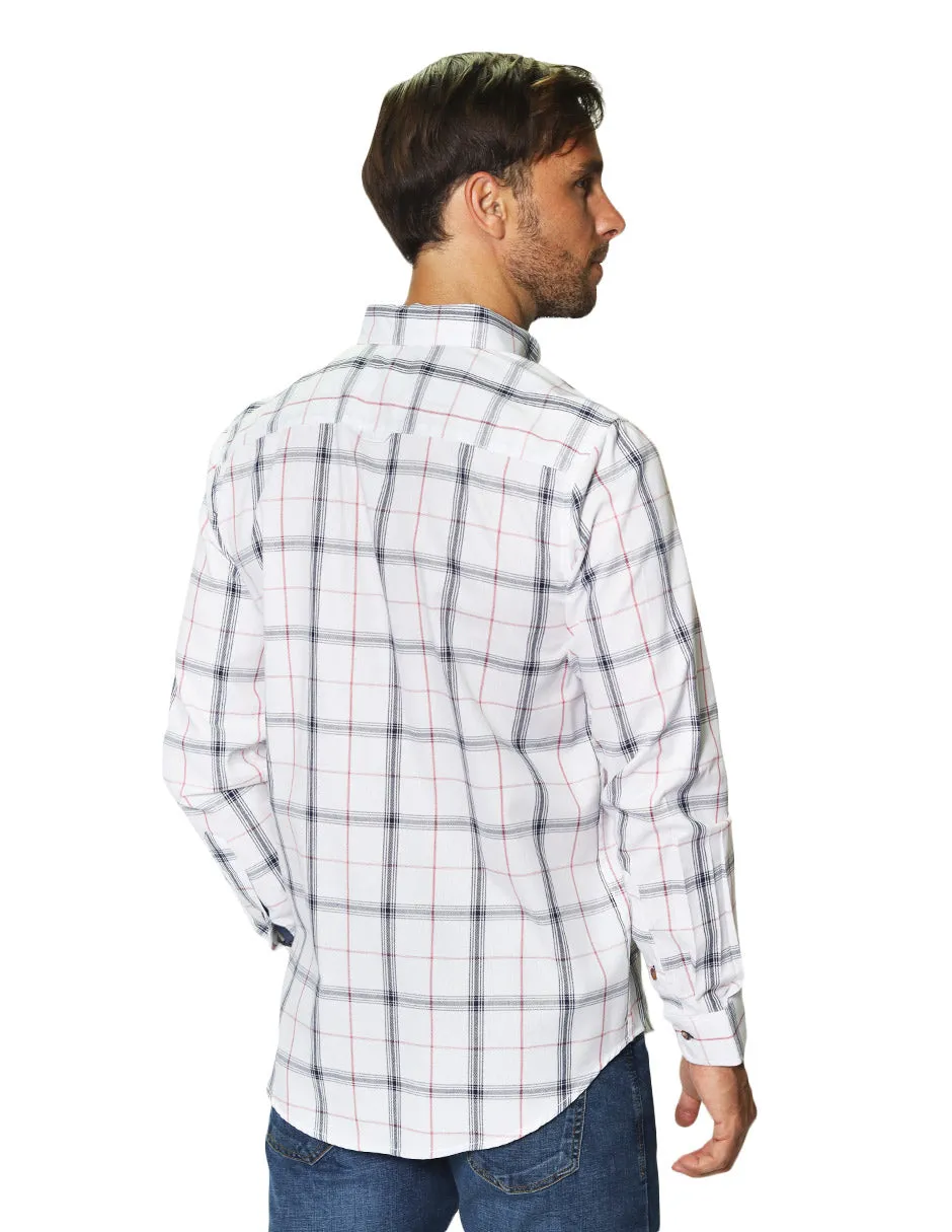 Camisas Para Hombre Manga Larga Estampado Cuadros B45113 Blanco