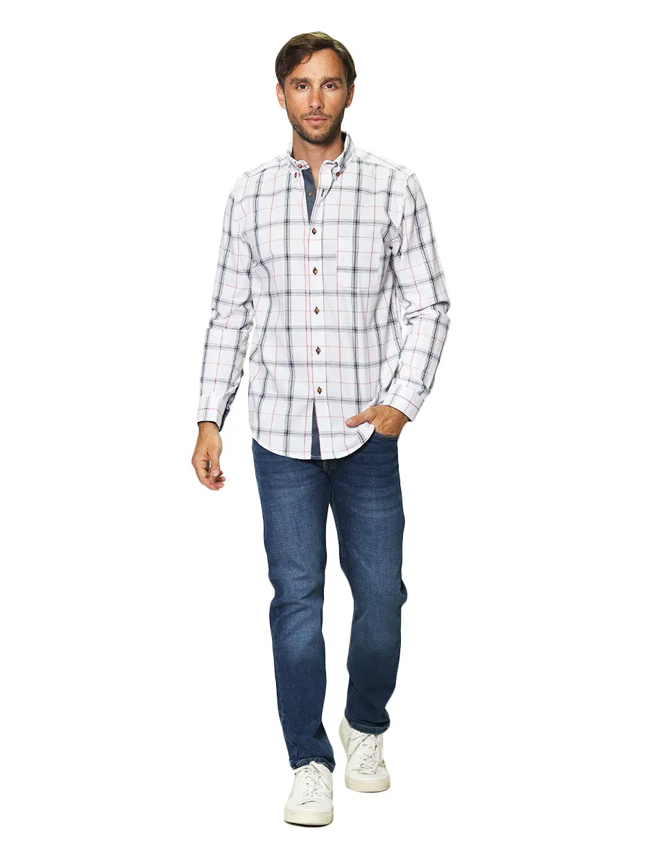 Camisas Para Hombre Manga Larga Estampado Cuadros B45113 Blanco