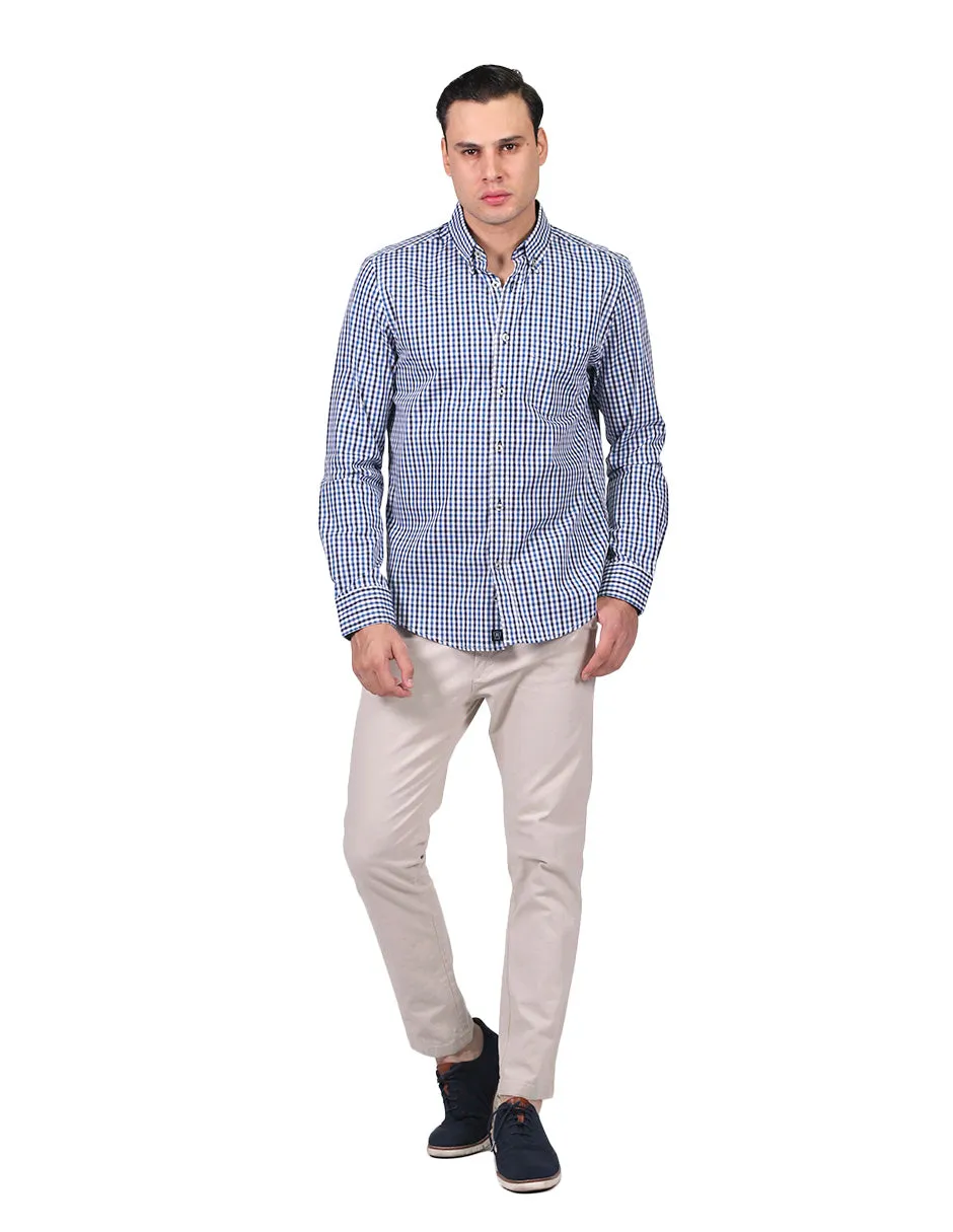 Camisas Para Hombre Manga Larga Estampado Cuadros Regular Fit Azul B25213