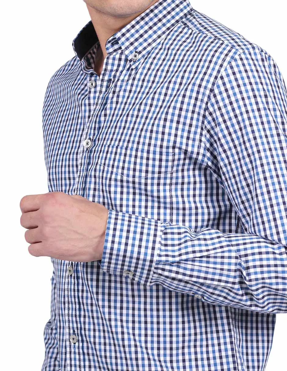 Camisas Para Hombre Manga Larga Estampado Cuadros Regular Fit Azul B25213