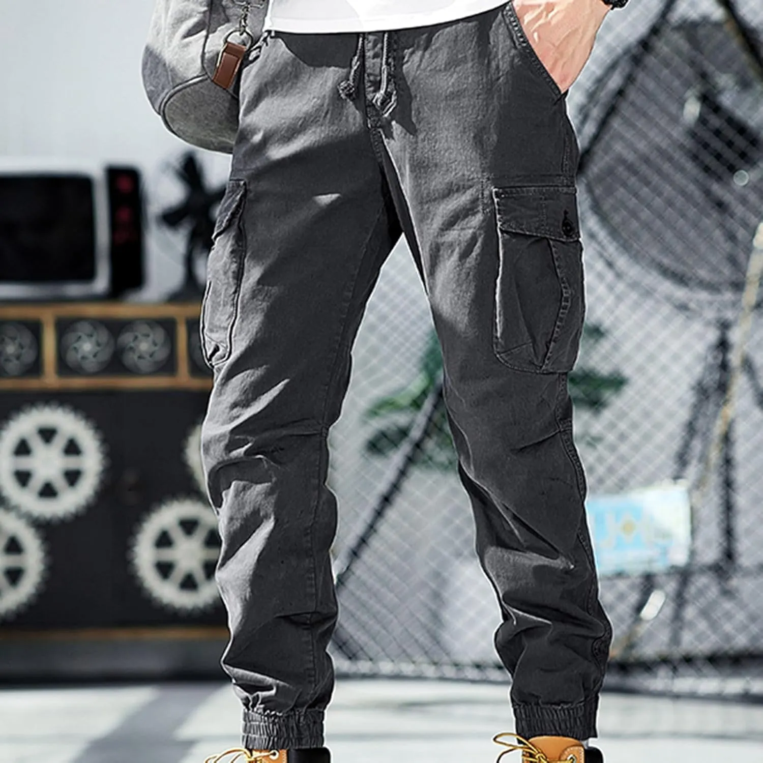 Cargo Pants for Men Multi Pocket Elastic Waist Pants Outdoor Work Pants Casual Cinch Bottom Pants Relaxed Trousers