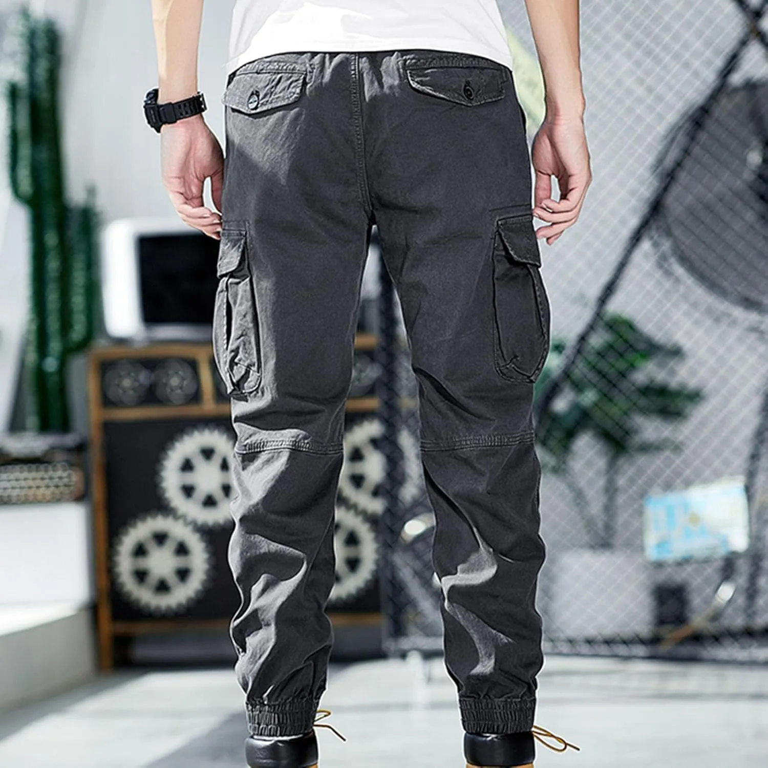 Cargo Pants for Men Multi Pocket Elastic Waist Pants Outdoor Work Pants Casual Cinch Bottom Pants Relaxed Trousers