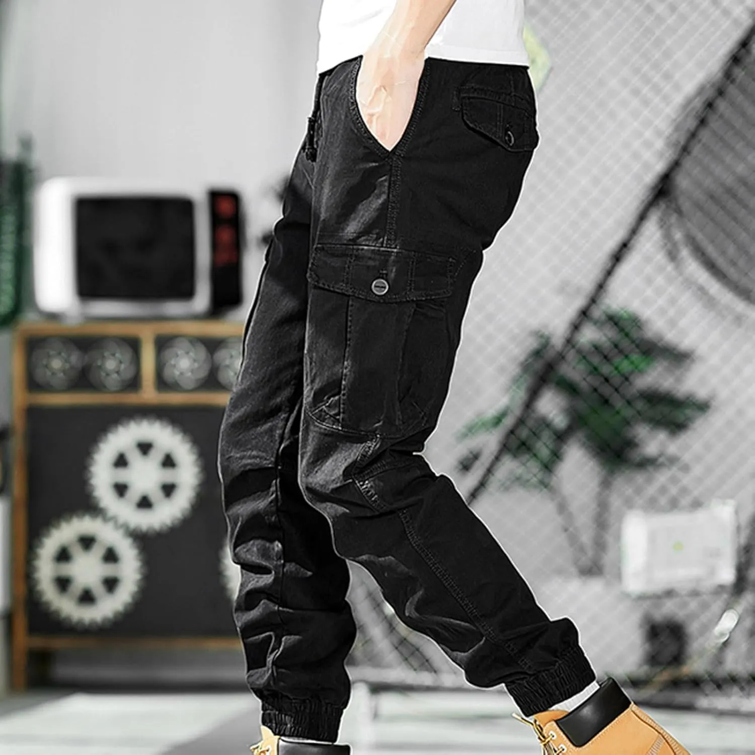 Cargo Pants for Men Multi Pocket Elastic Waist Pants Outdoor Work Pants Casual Cinch Bottom Pants Relaxed Trousers