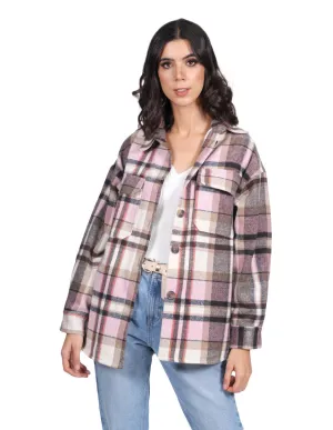 Chamarras Para Mujer Chaqueta Oversize Manga Larga Con Estampado de Cuadros Con Bolsas Q23104 Rosa