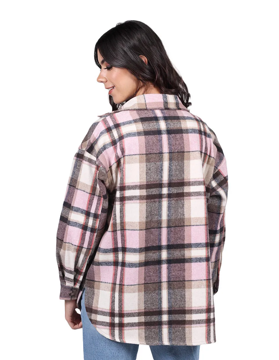 Chamarras Para Mujer Chaqueta Oversize Manga Larga Con Estampado de Cuadros Con Bolsas Q23104 Rosa