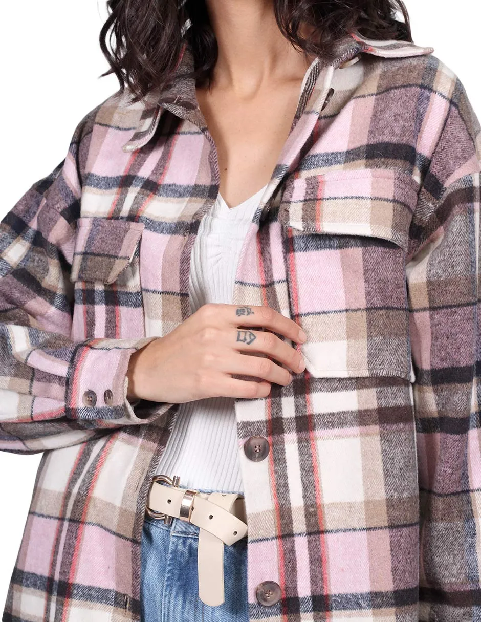 Chamarras Para Mujer Chaqueta Oversize Manga Larga Con Estampado de Cuadros Con Bolsas Q23104 Rosa