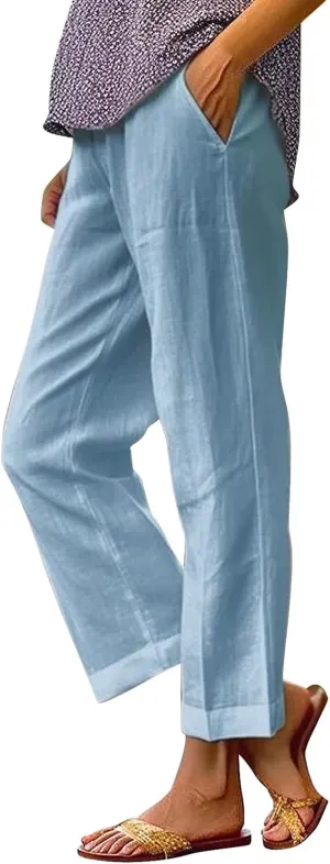 Cropped Linen Pants Women Summer Elastic Waist Straight Leg Slit Plus Size Pant Casual Trousers with Pockets
