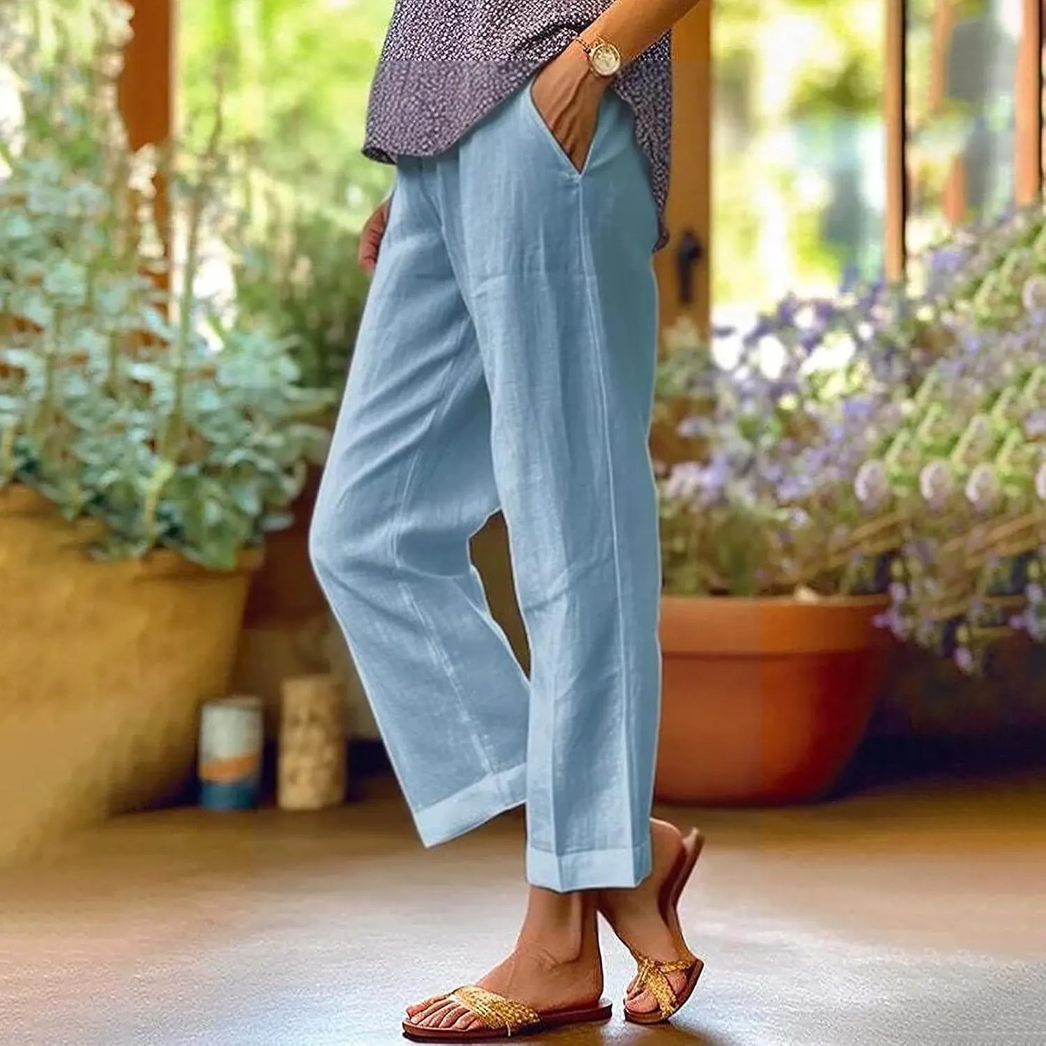 Cropped Linen Pants Women Summer Elastic Waist Straight Leg Slit Plus Size Pant Casual Trousers with Pockets