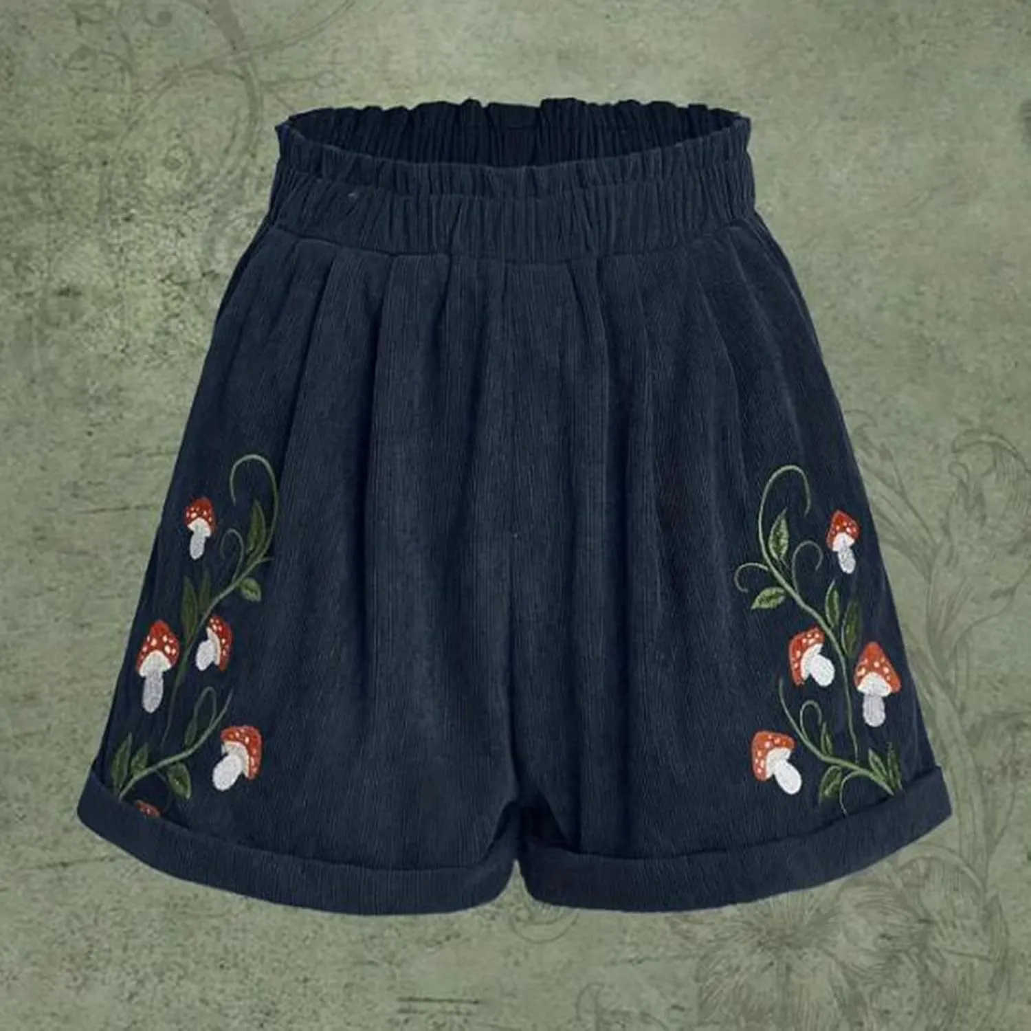 Embroidery Corduroy Shorts for Women Cute Mushroom Graphic Shirts Summer Casual Wide Leg Elastic Waist Ruffle Shorts