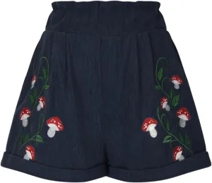 Embroidery Corduroy Shorts for Women Cute Mushroom Graphic Shirts Summer Casual Wide Leg Elastic Waist Ruffle Shorts