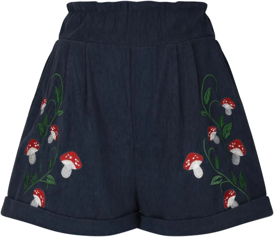 Embroidery Corduroy Shorts for Women Cute Mushroom Graphic Shirts Summer Casual Wide Leg Elastic Waist Ruffle Shorts