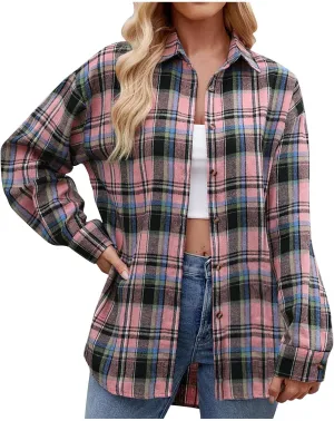 Flannel Plaid Shirts for Women Oversized Button Down Lapel Blouse Tops Long Sleeve Loose Casual Jackets with Pockets