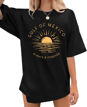 Gulf of Mexico Forever T Shirts for Women Vintage Graphic Oversized Shirt Retro Short Sleeve Loose Fit Tee Tops