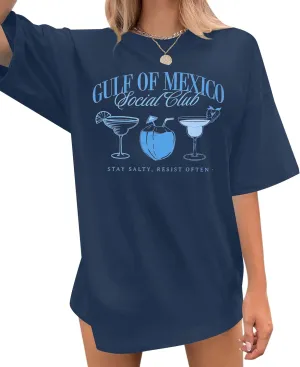 Gulf of Mexico Forever T Shirts for Women Vintage Graphic Oversized Shirt Retro Short Sleeve Loose Fit Tee Tops