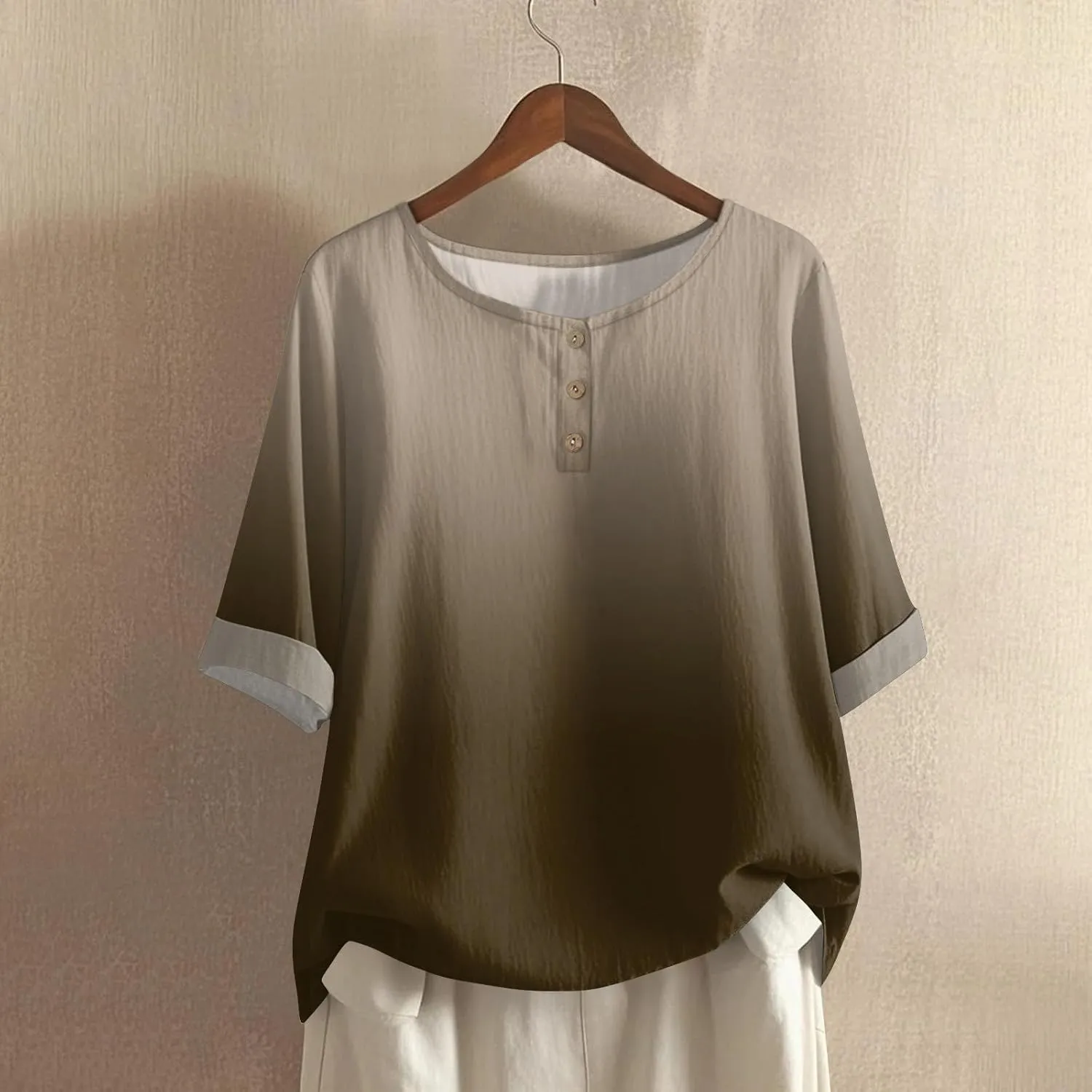 Half Sleeve Tops for Women Summer Outfits Cotton Linen Button Shirts Crewneck Blouses Casual Cute Fashion Clothes