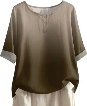 Half Sleeve Tops for Women Summer Outfits Cotton Linen Button Shirts Crewneck Blouses Casual Cute Fashion Clothes