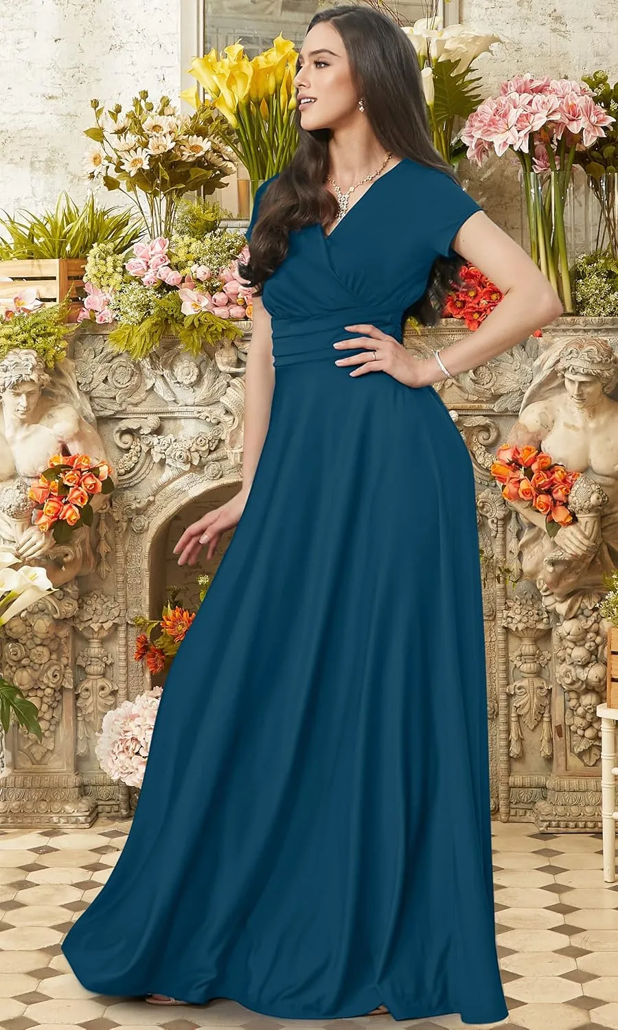 KOH KOH Womens Sexy Cap Short Sleeve V-Neck Flowy Cocktail Gown