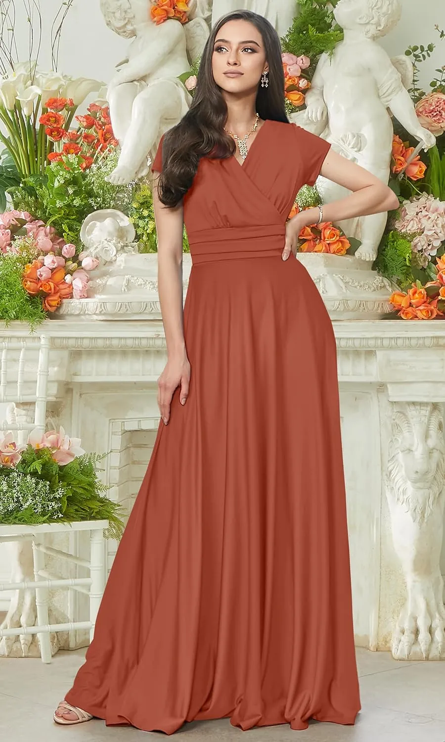 KOH KOH Womens Sexy Cap Short Sleeve V-Neck Flowy Cocktail Gown