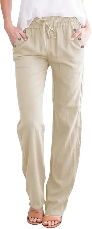 Linen Pants Women Straight Leg Lightweight Elastic Waist Pants Summer Relaxed Fit Plus Size Loose Trousers