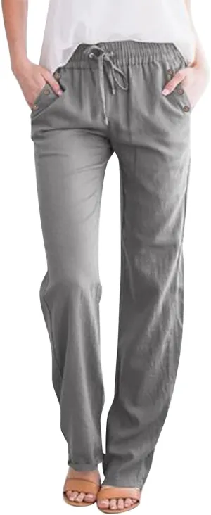 Linen Pants Women Straight Leg Lightweight Elastic Waist Pants Summer Relaxed Fit Plus Size Loose Trousers