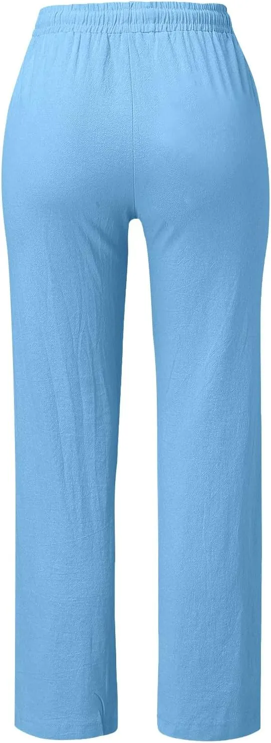 Linen Pants Women Straight Leg Lightweight Elastic Waist Pants Summer Relaxed Fit Plus Size Loose Trousers