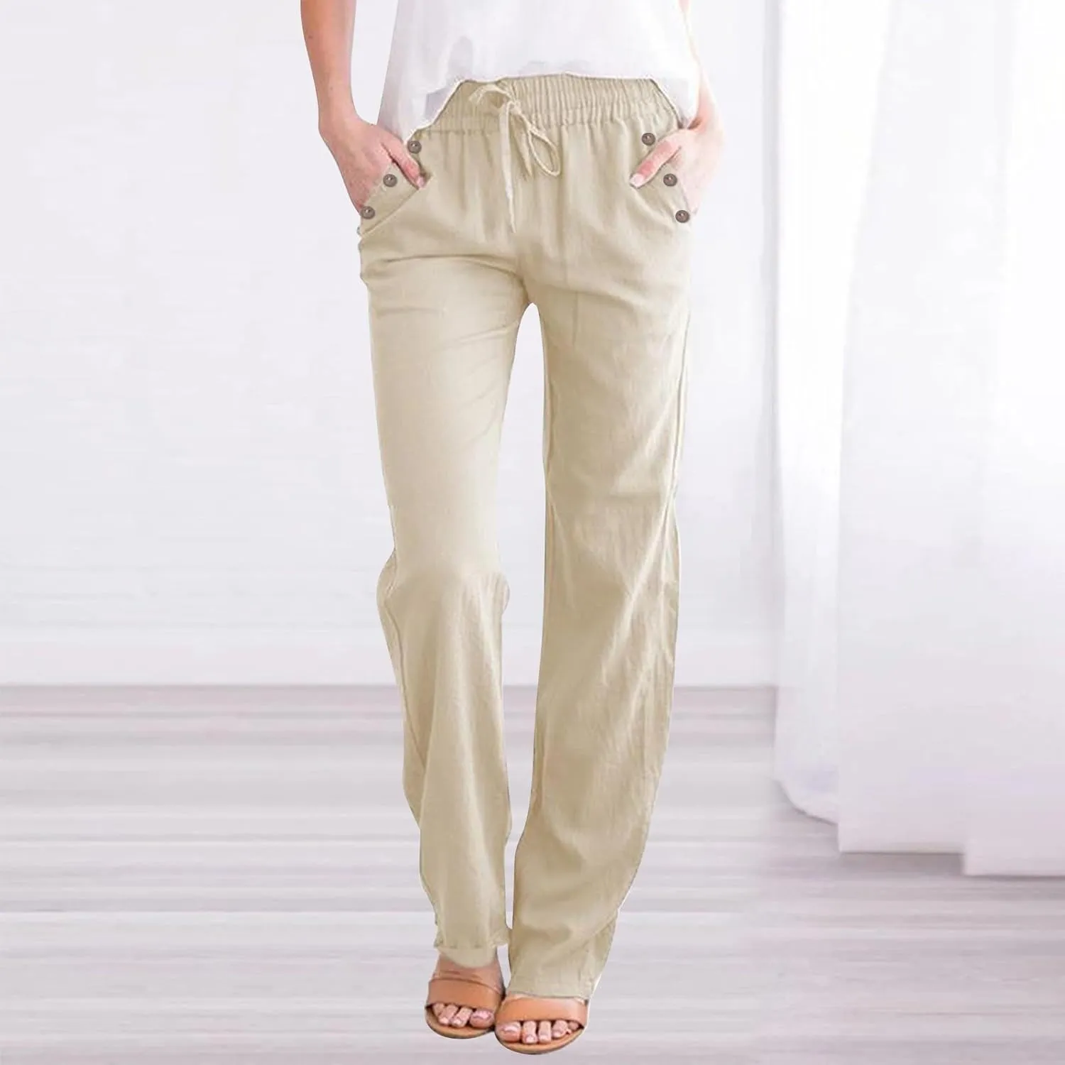 Linen Pants Women Straight Leg Lightweight Elastic Waist Pants Summer Relaxed Fit Plus Size Loose Trousers