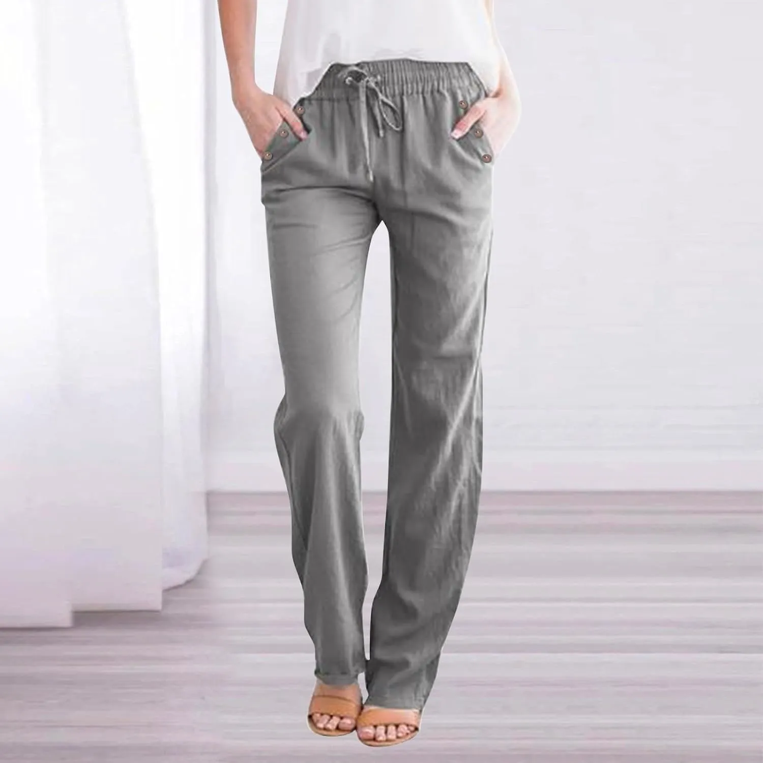 Linen Pants Women Straight Leg Lightweight Elastic Waist Pants Summer Relaxed Fit Plus Size Loose Trousers
