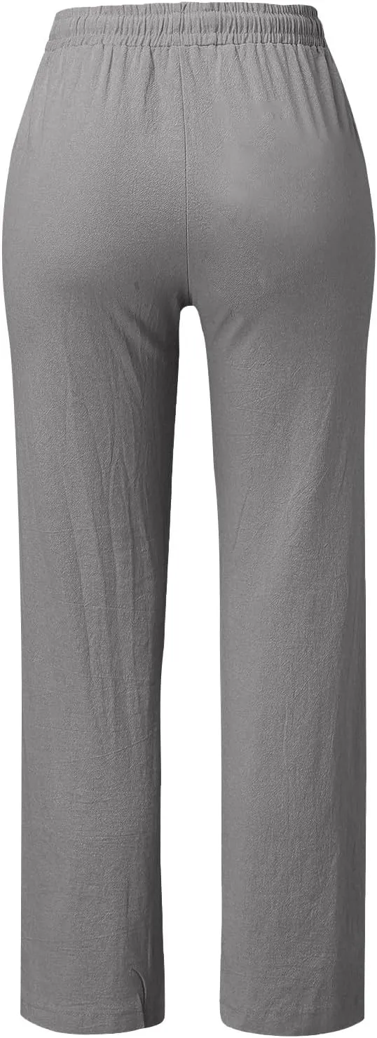 Linen Pants Women Straight Leg Lightweight Elastic Waist Pants Summer Relaxed Fit Plus Size Loose Trousers