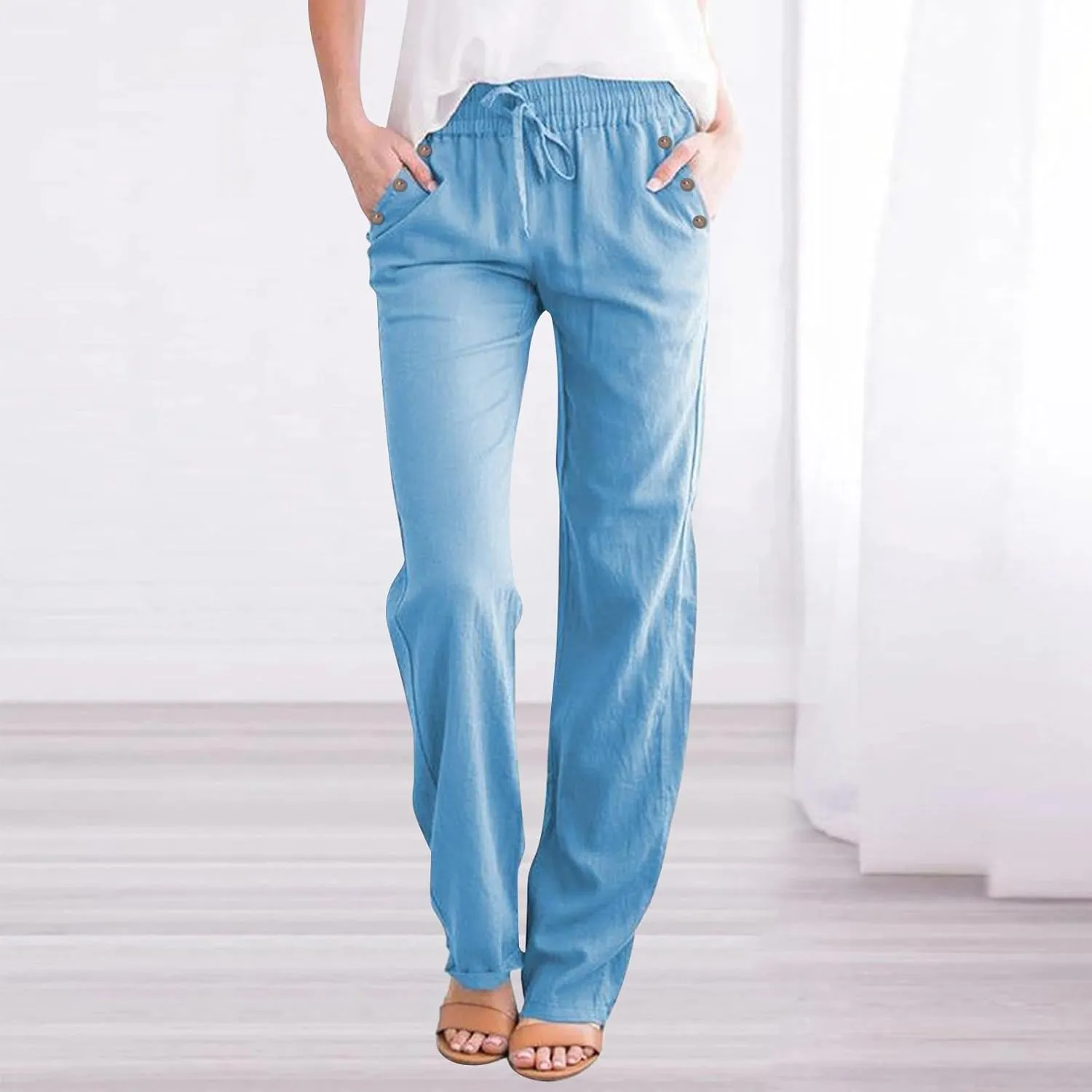 Linen Pants Women Straight Leg Lightweight Elastic Waist Pants Summer Relaxed Fit Plus Size Loose Trousers