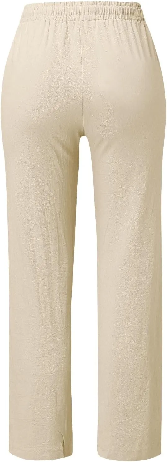 Linen Pants Women Straight Leg Lightweight Elastic Waist Pants Summer Relaxed Fit Plus Size Loose Trousers