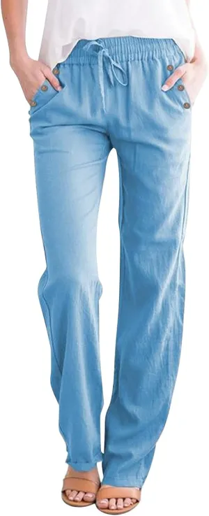 Linen Pants Women Straight Leg Lightweight Elastic Waist Pants Summer Relaxed Fit Plus Size Loose Trousers