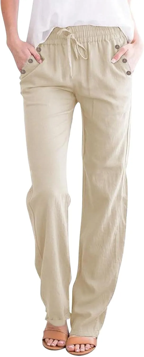 Linen Pants Women Straight Leg Lightweight Elastic Waist Pants Summer Relaxed Fit Plus Size Loose Trousers