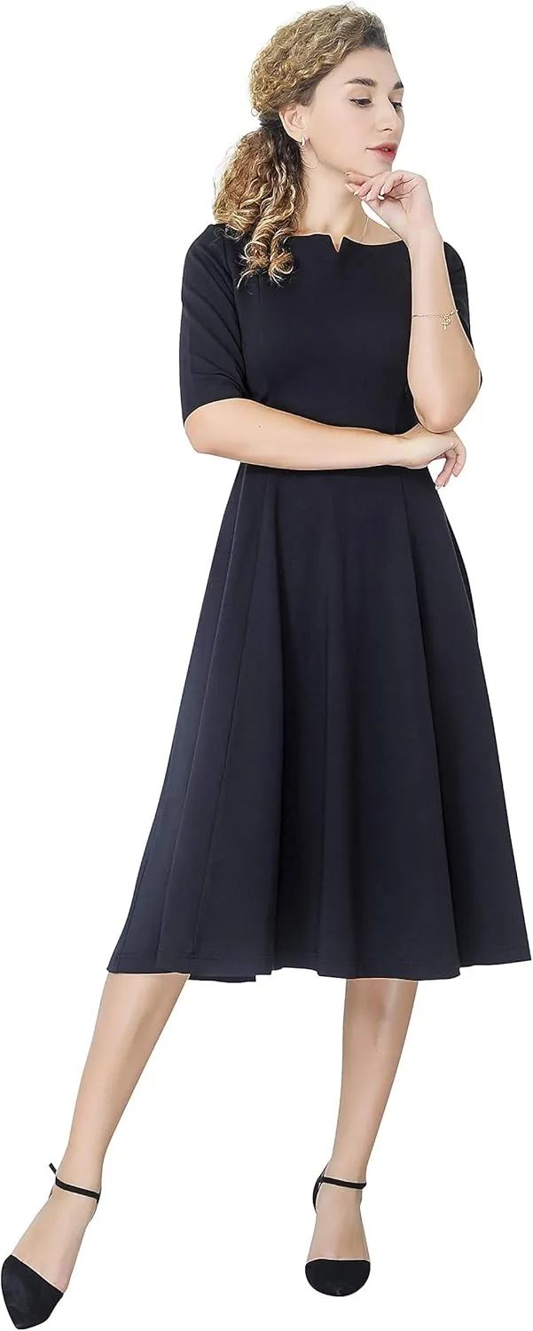 Marycrafts Women's Fit Flare Tea Midi Dress for Office Business Work