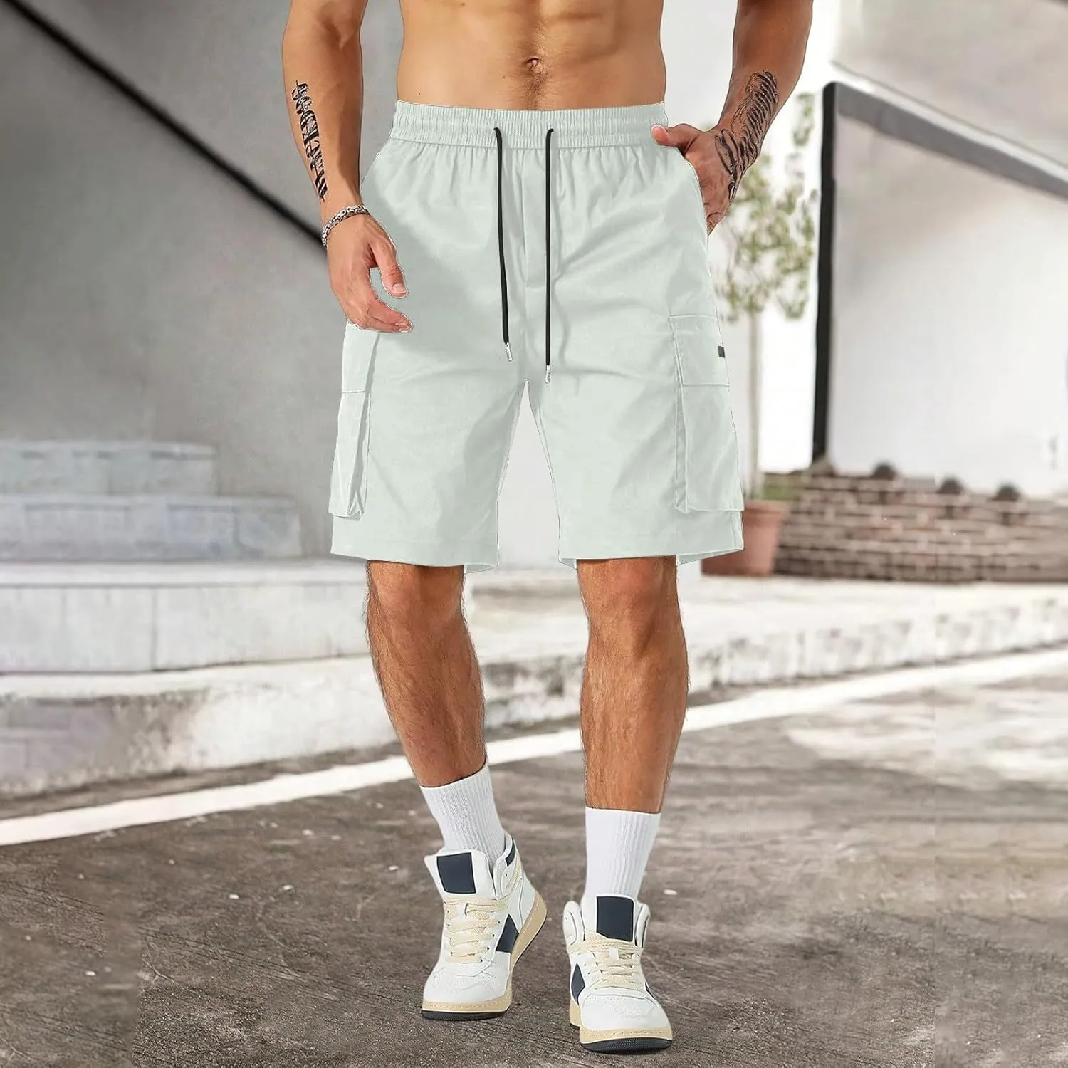 Mens Cargo Shorts Lightweight Stretch Hiking Short Gym Casual Shorts Elastic Waistband 6 Pockets